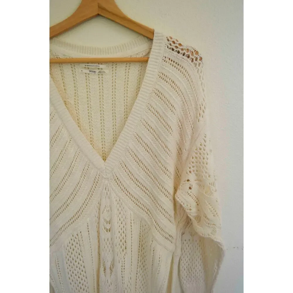 Anthropologie Open-Stitch Side-Slit Tunic Sweater Dress Duster Ivory M - Picture 6 of 11